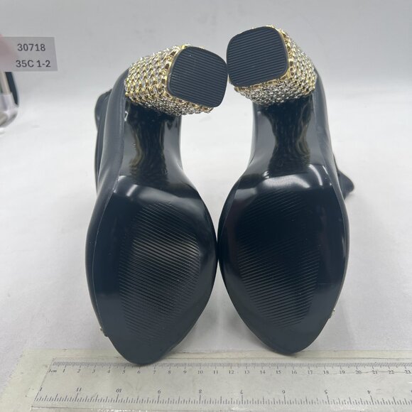 FSJ Black Stylish Peep Toe Slouch Ankle Boots Chunky Stacked Heels Crystal Shoes - Picture 7 of 8